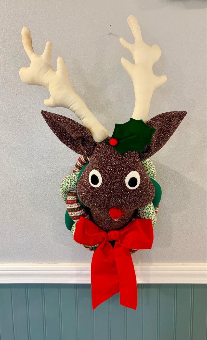 Vintage Patchwork Fabric Reindeer Rudolph Christmas Wreath